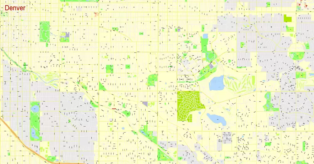 Printable Map Denver, Coporado, US, exact vector street G-View Plan City Level 17 (100 meters scale) map, V.08.01. fully editable, Adobe Illustrator, full vector, scalable, editable text format of street names, 24 Mb ZIP.