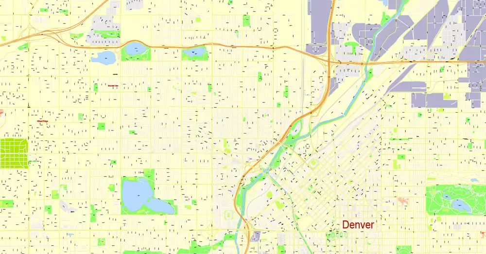 Printable Map Denver, Coporado, US, exact vector street G-View Plan City Level 17 (100 meters scale) map, V.08.01. fully editable, Adobe Illustrator, full vector, scalable, editable text format of street names, 24 Mb ZIP.
