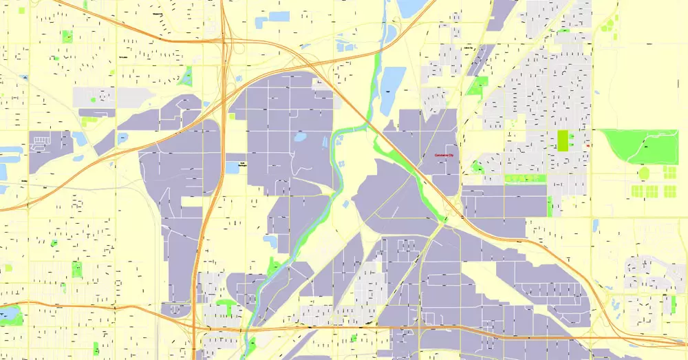 Printable Map Denver, Coporado, US, exact vector street G-View Plan City Level 17 (100 meters scale) map, V.08.01. fully editable, Adobe Illustrator, full vector, scalable, editable text format of street names, 24 Mb ZIP.