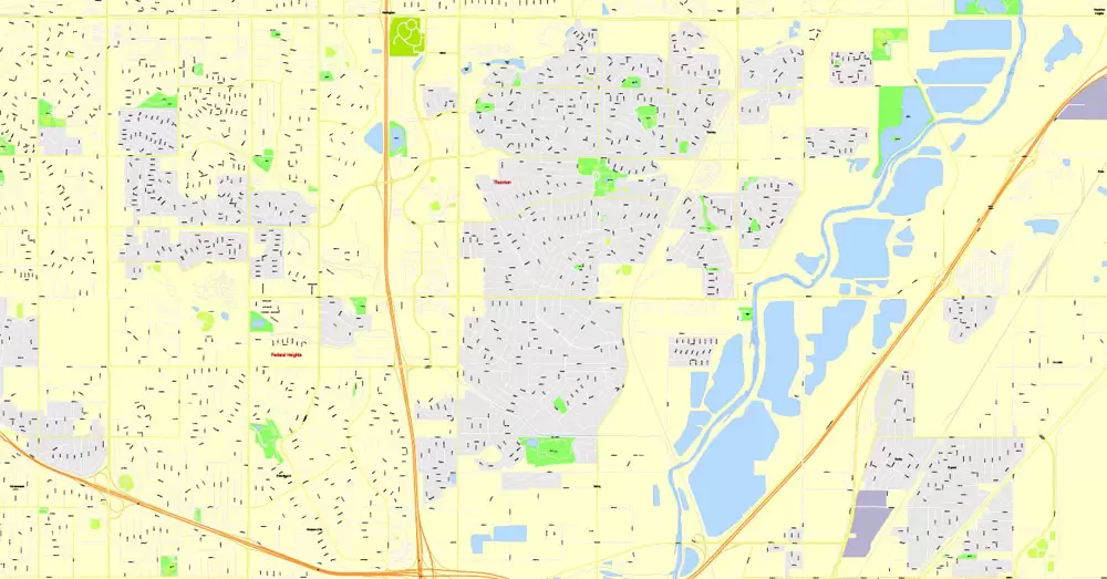 Printable Map Denver, Coporado, US, exact vector street G-View Plan City Level 17 (100 meters scale) map, V.08.01. fully editable, Adobe Illustrator, full vector, scalable, editable text format of street names, 24 Mb ZIP.
