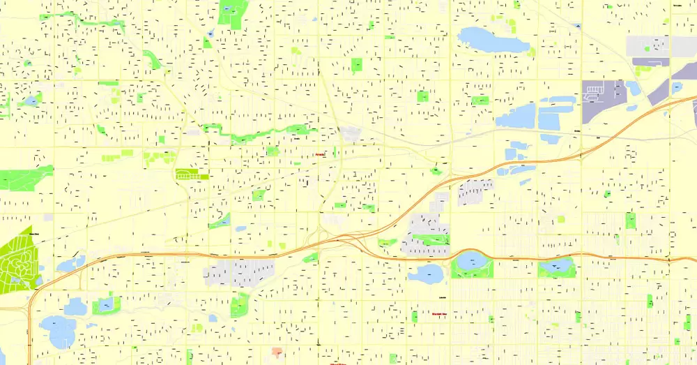 Printable Map Denver, Coporado, US, exact vector street G-View Plan City Level 17 (100 meters scale) map, V.08.01. fully editable, Adobe Illustrator, full vector, scalable, editable text format of street names, 24 Mb ZIP.