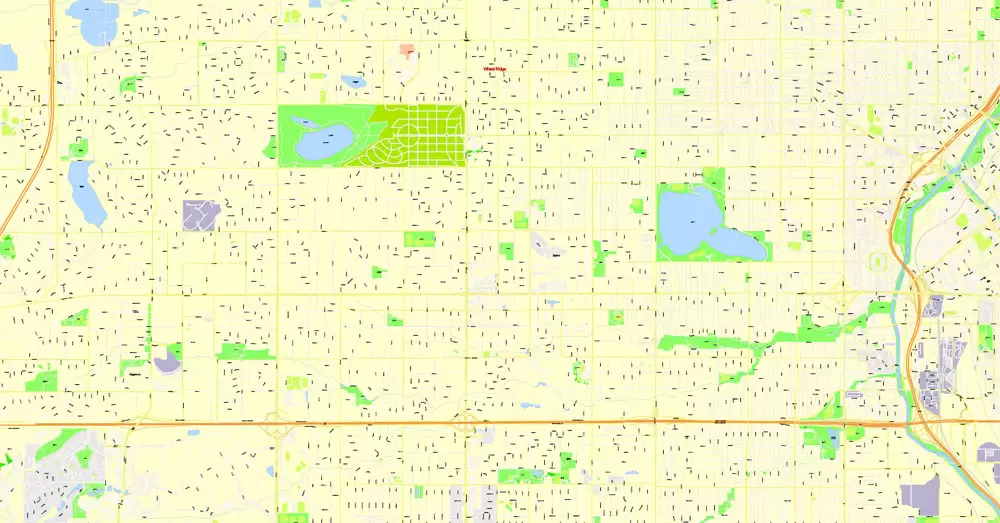 Printable Map Denver, Coporado, US, exact vector street G-View Plan City Level 17 (100 meters scale) map, V.08.01. fully editable, Adobe Illustrator, full vector, scalable, editable text format of street names, 24 Mb ZIP.