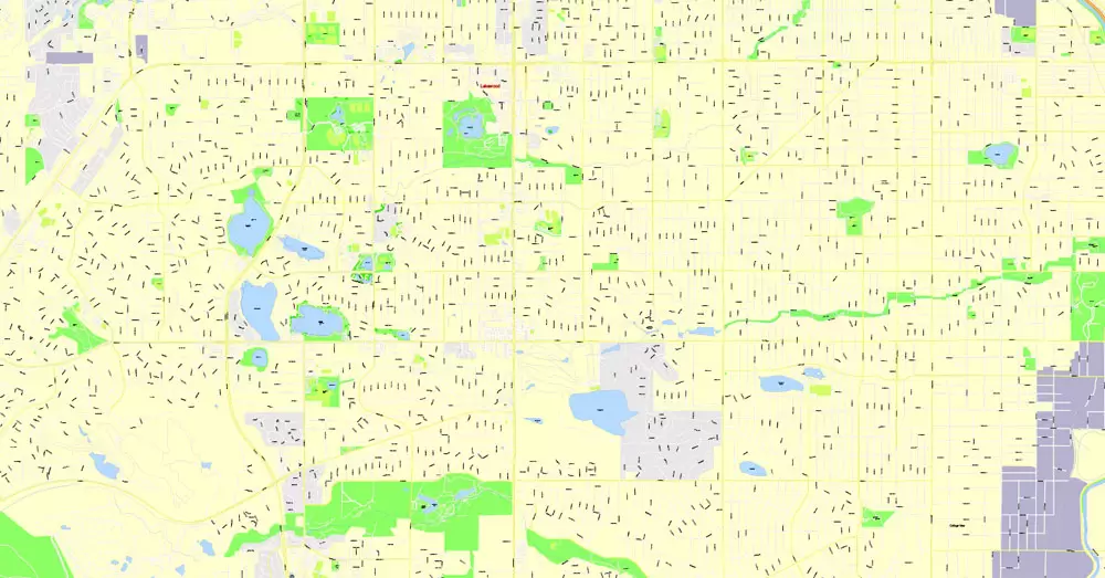 Printable Map Denver, Coporado, US, exact vector street G-View Plan City Level 17 (100 meters scale) map, V.08.01. fully editable, Adobe Illustrator, full vector, scalable, editable text format of street names, 24 Mb ZIP.