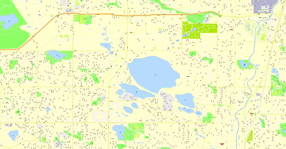 Printable Map Denver, Coporado, US, exact vector street G-View Plan City Level 17 (100 meters scale) map, V.08.01. fully editable, Adobe Illustrator, full vector, scalable, editable text format of street names, 24 Mb ZIP.