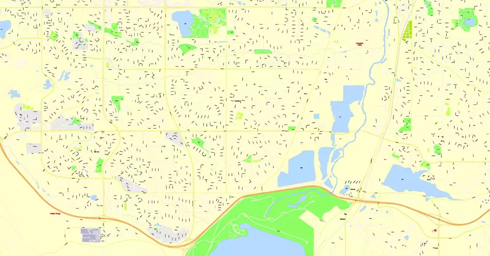 Printable Map Denver, Coporado, US, exact vector street G-View Plan City Level 17 (100 meters scale) map, V.08.01. fully editable, Adobe Illustrator, full vector, scalable, editable text format of street names, 24 Mb ZIP.