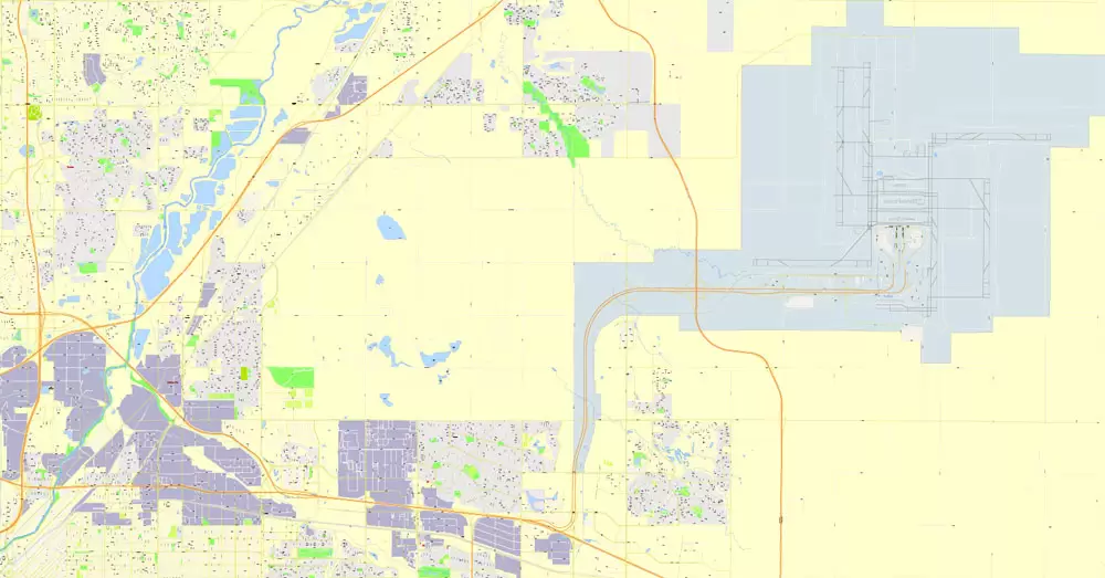 Printable Map Denver, Coporado, US, exact vector street G-View Plan City Level 17 (100 meters scale) map, V.08.01. fully editable, Adobe Illustrator, full vector, scalable, editable text format of street names, 24 Mb ZIP.