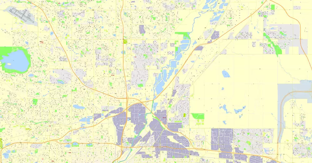 Printable Map Denver, Coporado, US, exact vector street G-View Plan City Level 17 (100 meters scale) map, V.08.01. fully editable, Adobe Illustrator, full vector, scalable, editable text format of street names, 24 Mb ZIP.