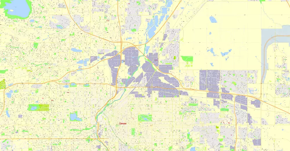 Printable Map Denver, Coporado, US, exact vector street G-View Plan City Level 17 (100 meters scale) map, V.08.01. fully editable, Adobe Illustrator, full vector, scalable, editable text format of street names, 24 Mb ZIP.