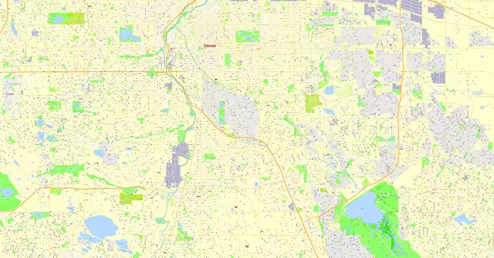Printable Map Denver, Coporado, US, exact vector street G-View Plan City Level 17 (100 meters scale) map, V.08.01. fully editable, Adobe Illustrator, full vector, scalable, editable text format of street names, 24 Mb ZIP.