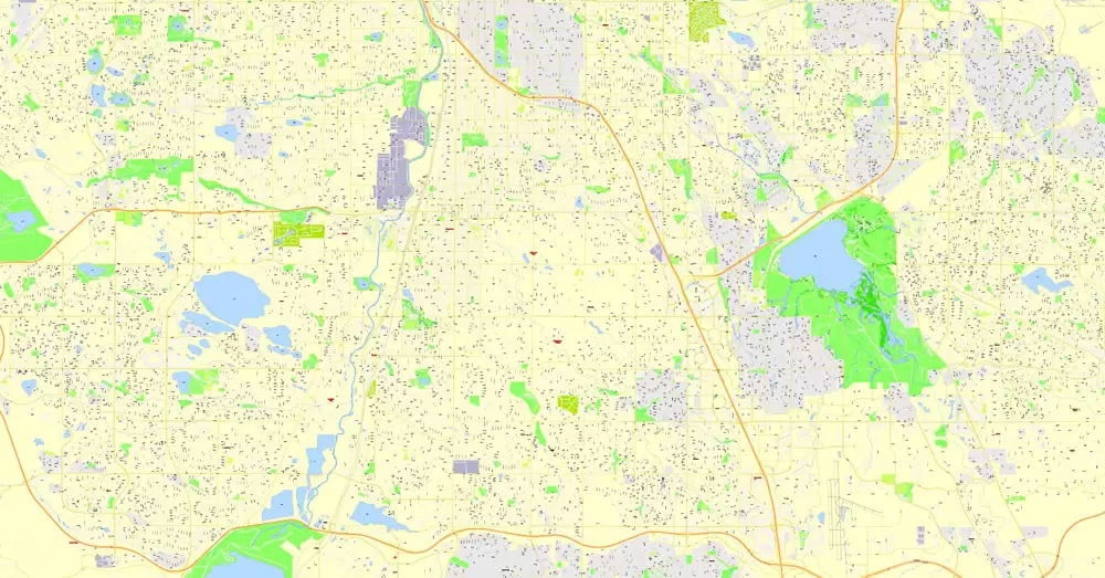 Printable Map Denver, Coporado, US, exact vector street G-View Plan City Level 17 (100 meters scale) map, V.08.01. fully editable, Adobe Illustrator, full vector, scalable, editable text format of street names, 24 Mb ZIP.