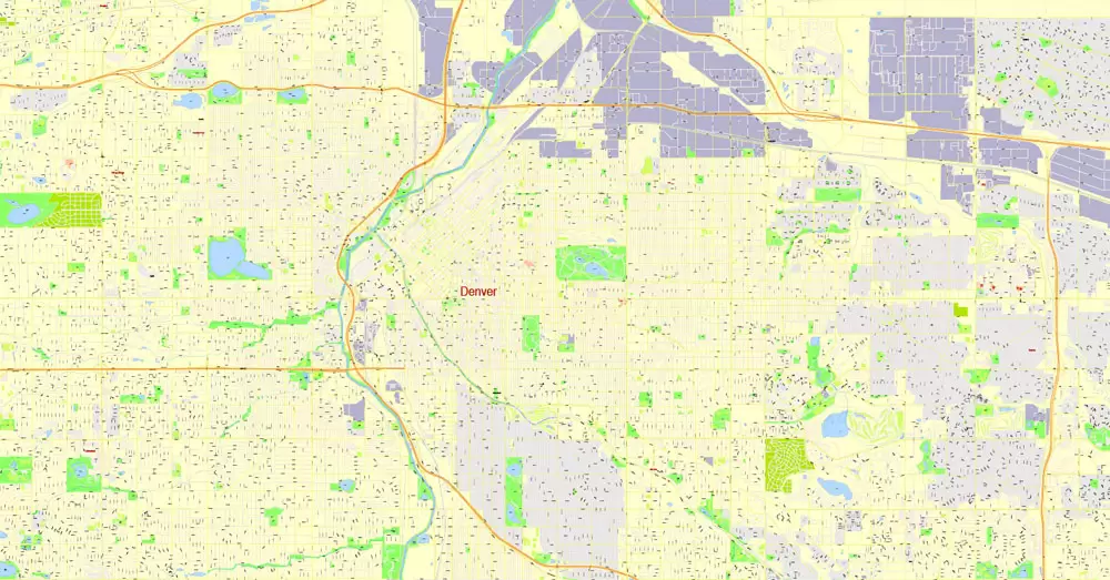Printable Map Denver, Coporado, US, exact vector street G-View Plan City Level 17 (100 meters scale) map, V.08.01. fully editable, Adobe Illustrator, full vector, scalable, editable text format of street names, 24 Mb ZIP.