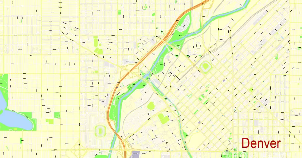 Printable Map Denver, Coporado, US, exact vector street G-View Plan City Level 17 (100 meters scale) map, V.08.01. fully editable, Adobe Illustrator, full vector, scalable, editable text format of street names, 24 Mb ZIP.