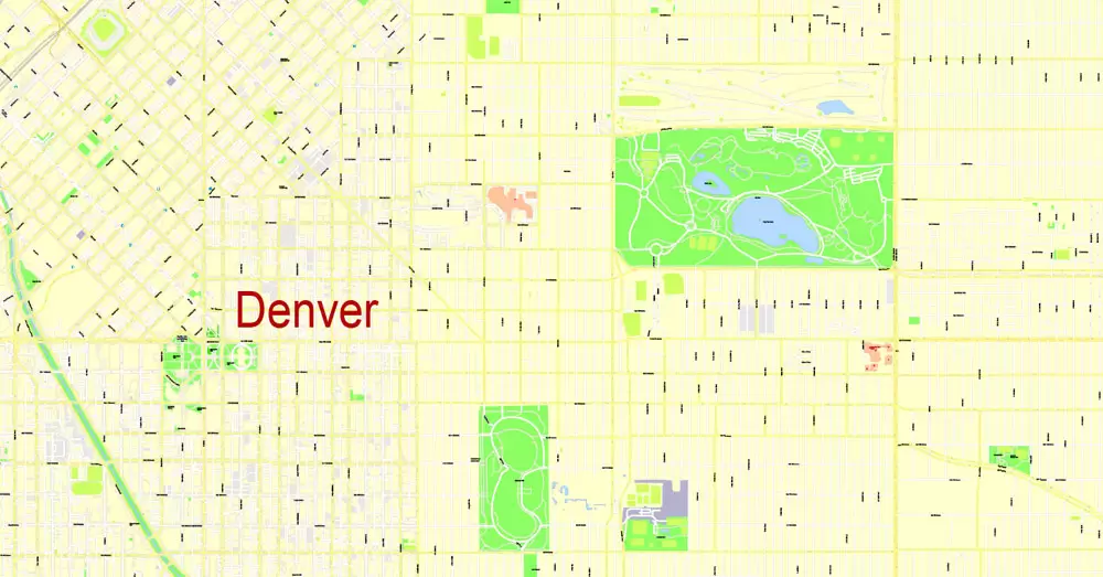 Printable Map Denver, Coporado, US, exact vector street G-View Plan City Level 17 (100 meters scale) map, V.08.01. fully editable, Adobe Illustrator, full vector, scalable, editable text format of street names, 24 Mb ZIP.