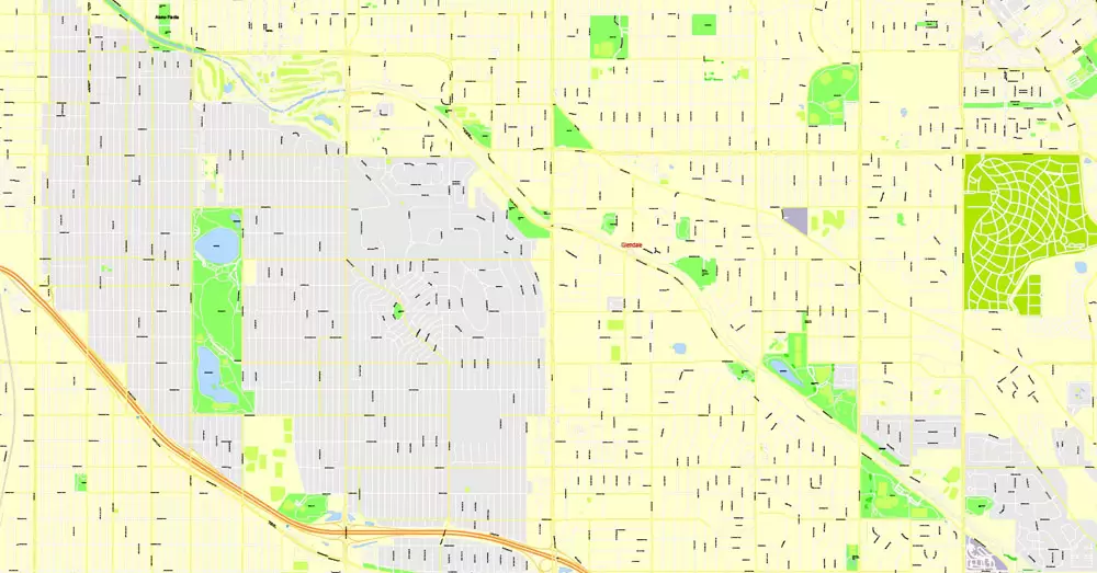 Printable Map Denver, Coporado, US, exact vector street G-View Plan City Level 17 (100 meters scale) map, V.08.01. fully editable, Adobe Illustrator, full vector, scalable, editable text format of street names, 24 Mb ZIP.