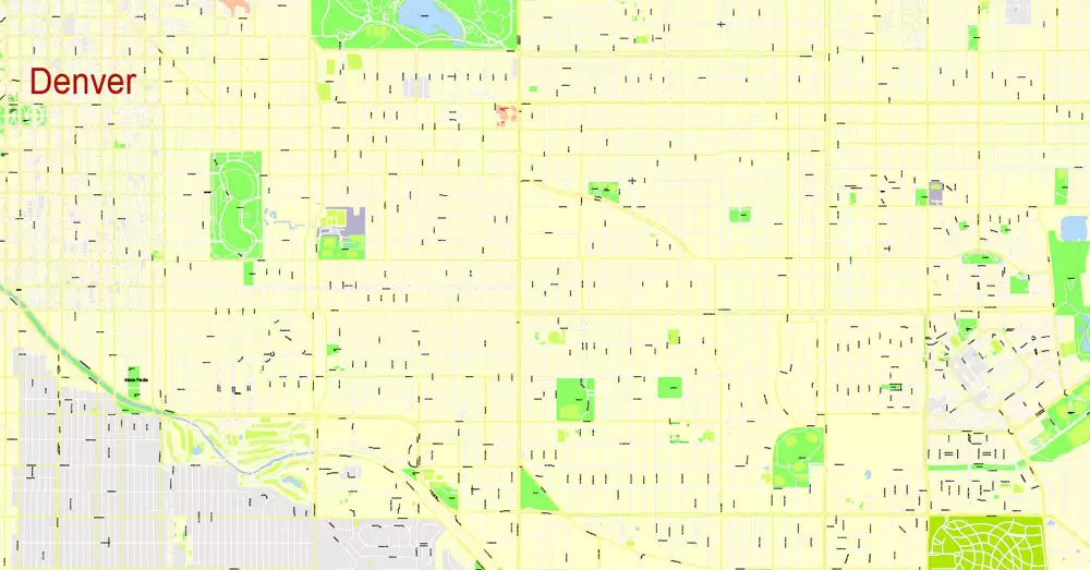 Printable Map Denver, Coporado, US, exact vector street G-View Plan City Level 17 (100 meters scale) map, V.08.01. fully editable, Adobe Illustrator, full vector, scalable, editable text format of street names, 24 Mb ZIP.