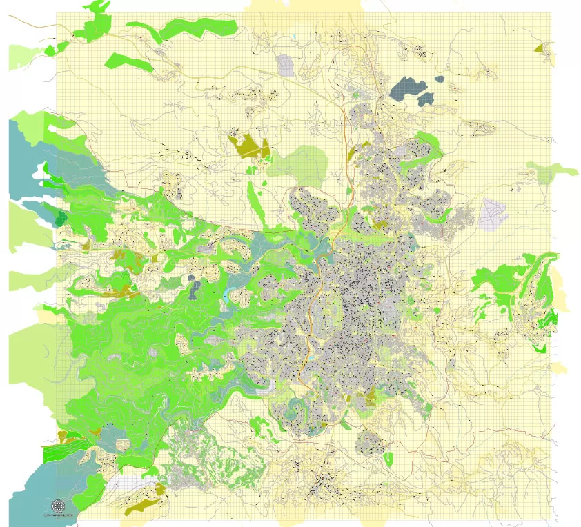 Printable Map Jerusalem, Israel, HEBREW vector map Adobe Illustrator editable G-View Level 17 (100 meters scale) V.07.01.17, full vector, scalable, hebrew curves format street names, 18 mb ZIP