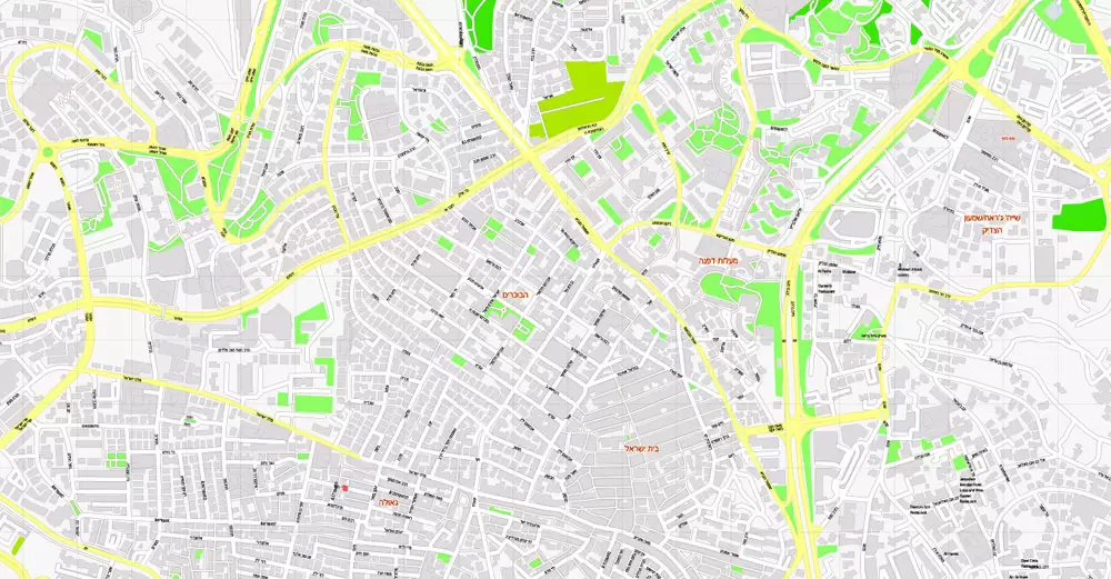 Printable Map Jerusalem, Israel, HEBREW vector map Adobe Illustrator editable G-View Level 17 (100 meters scale) V.07.01.17, full vector, scalable, hebrew curves format street names, 18 mb ZIP