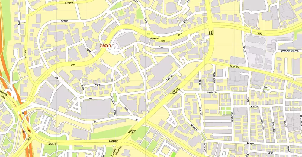 Printable Map Jerusalem, Israel, HEBREW vector map Adobe Illustrator editable G-View Level 17 (100 meters scale) V.07.01.17, full vector, scalable, hebrew curves format street names, 18 mb ZIP
