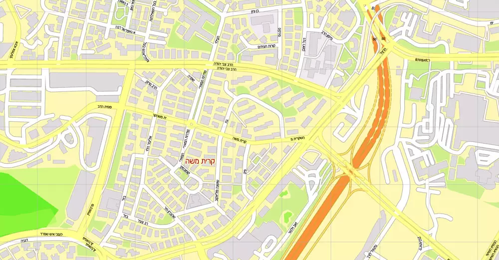 Printable Map Jerusalem, Israel, HEBREW vector map Adobe Illustrator editable G-View Level 17 (100 meters scale) V.07.01.17, full vector, scalable, hebrew curves format street names, 18 mb ZIP