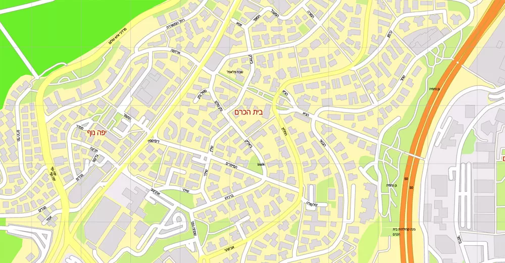 Printable Map Jerusalem, Israel, HEBREW vector map Adobe Illustrator editable G-View Level 17 (100 meters scale) V.07.01.17, full vector, scalable, hebrew curves format street names, 18 mb ZIP