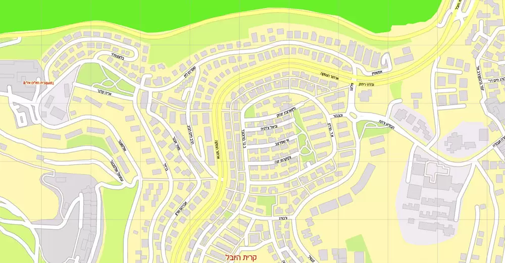 Printable Map Jerusalem, Israel, HEBREW vector map Adobe Illustrator editable G-View Level 17 (100 meters scale) V.07.01.17, full vector, scalable, hebrew curves format street names, 18 mb ZIP
