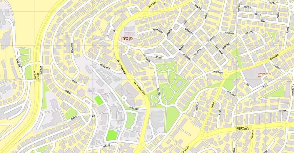 Printable Map Jerusalem, Israel, HEBREW vector map Adobe Illustrator editable G-View Level 17 (100 meters scale) V.07.01.17, full vector, scalable, hebrew curves format street names, 18 mb ZIP