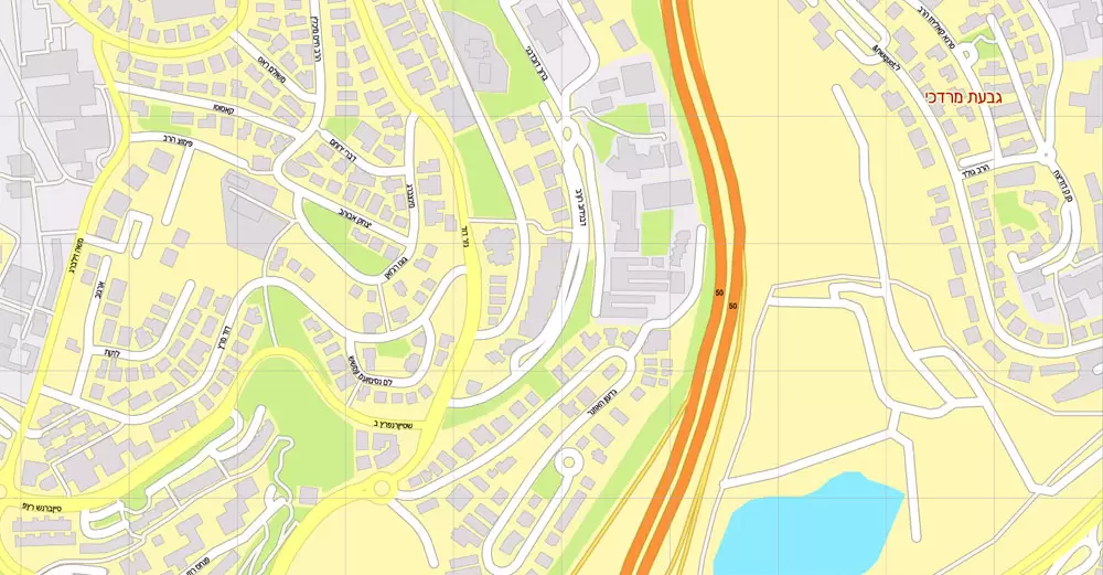 Printable Map Jerusalem, Israel, HEBREW vector map Adobe Illustrator editable G-View Level 17 (100 meters scale) V.07.01.17, full vector, scalable, hebrew curves format street names, 18 mb ZIP