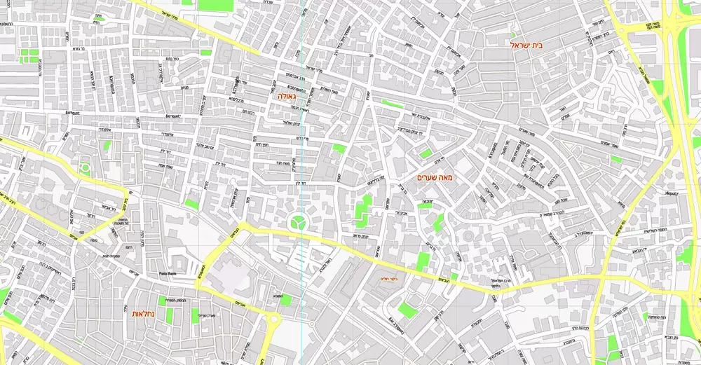 Printable Map Jerusalem, Israel, HEBREW vector map Adobe Illustrator editable G-View Level 17 (100 meters scale) V.07.01.17, full vector, scalable, hebrew curves format street names, 18 mb ZIP