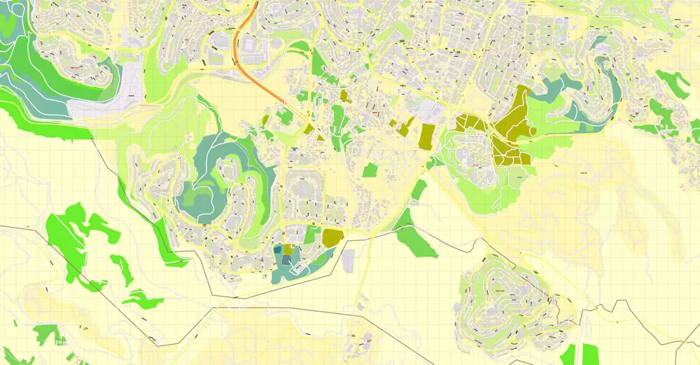 Printable Map Jerusalem, Israel, HEBREW vector map Adobe Illustrator editable G-View Level 17 (100 meters scale) V.07.01.17, full vector, scalable, hebrew curves format street names, 18 mb ZIP