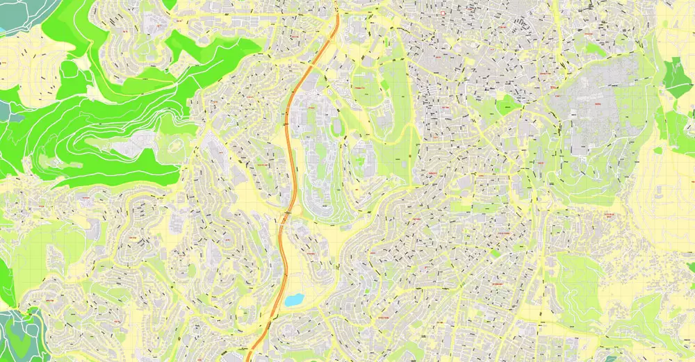 Printable Map Jerusalem, Israel, HEBREW vector map Adobe Illustrator editable G-View Level 17 (100 meters scale) V.07.01.17, full vector, scalable, hebrew curves format street names, 18 mb ZIP