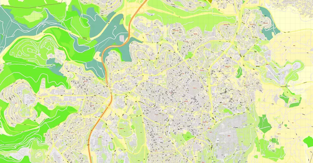 Printable Map Jerusalem, Israel, HEBREW vector map Adobe Illustrator editable G-View Level 17 (100 meters scale) V.07.01.17, full vector, scalable, hebrew curves format street names, 18 mb ZIP