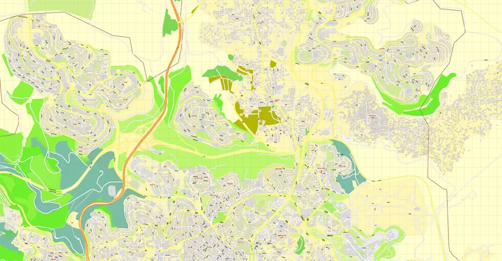 Printable Map Jerusalem, Israel, HEBREW vector map Adobe Illustrator editable G-View Level 17 (100 meters scale) V.07.01.17, full vector, scalable, hebrew curves format street names, 18 mb ZIP