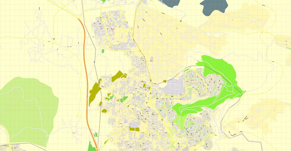 Printable Map Jerusalem, Israel, HEBREW vector map Adobe Illustrator editable G-View Level 17 (100 meters scale) V.07.01.17, full vector, scalable, hebrew curves format street names, 18 mb ZIP
