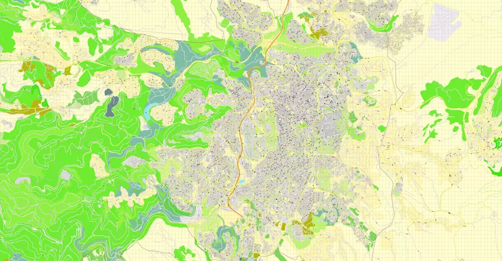 Printable Map Jerusalem, Israel, HEBREW vector map Adobe Illustrator editable G-View Level 17 (100 meters scale) V.07.01.17, full vector, scalable, hebrew curves format street names, 18 mb ZIP