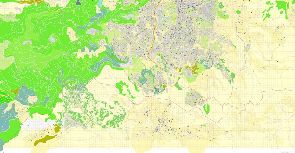 Printable Map Jerusalem, Israel, HEBREW vector map Adobe Illustrator editable G-View Level 17 (100 meters scale) V.07.01.17, full vector, scalable, hebrew curves format street names, 18 mb ZIP