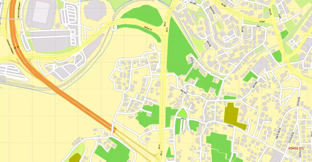 Printable Map Jerusalem, Israel, HEBREW vector map Adobe Illustrator editable G-View Level 17 (100 meters scale) V.07.01.17, full vector, scalable, hebrew curves format street names, 18 mb ZIP