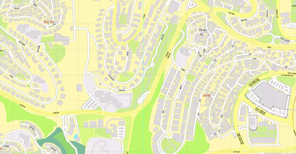 Printable Map Jerusalem, Israel, HEBREW vector map Adobe Illustrator editable G-View Level 17 (100 meters scale) V.07.01.17, full vector, scalable, hebrew curves format street names, 18 mb ZIP
