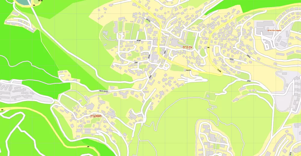 Printable Map Jerusalem, Israel, HEBREW vector map Adobe Illustrator editable G-View Level 17 (100 meters scale) V.07.01.17, full vector, scalable, hebrew curves format street names, 18 mb ZIP
