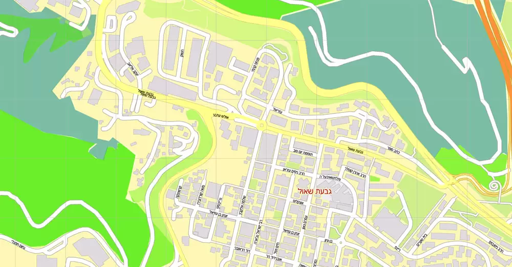 Printable Map Jerusalem, Israel, HEBREW vector map Adobe Illustrator editable G-View Level 17 (100 meters scale) V.07.01.17, full vector, scalable, hebrew curves format street names, 18 mb ZIP