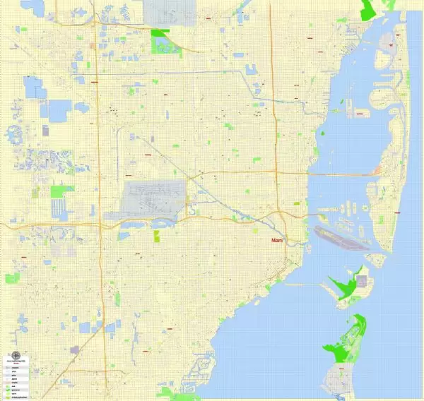 Printable Map Miami, Florida, US, exact vector street G-View Level 17 (100 meters scale) map, V.31.12. fully editable, Adobe Illustrator, full vector, scalable, editable text format of street names, 5 Mb ZIP.