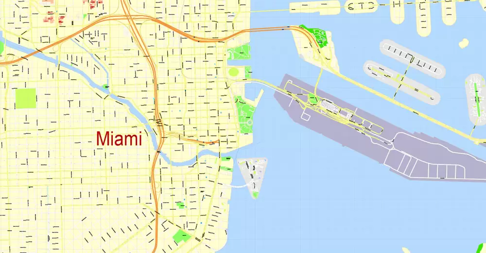 Printable Map Miami, Florida, US, exact vector street G-View Level 17 (100 meters scale) map, V.31.12. fully editable, Adobe Illustrator, full vector, scalable, editable text format of street names, 5 Mb ZIP.