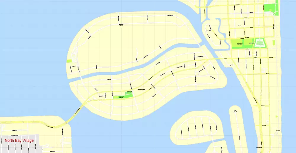 Printable Map Miami, Florida, US, exact vector street G-View Level 17 (100 meters scale) map, V.31.12. fully editable, Adobe Illustrator, full vector, scalable, editable text format of street names, 5 Mb ZIP.