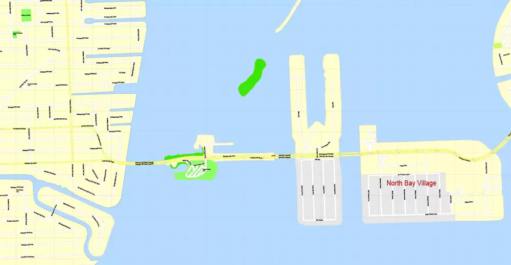 Printable Map Miami, Florida, US, exact vector street G-View Level 17 (100 meters scale) map, V.31.12. fully editable, Adobe Illustrator, full vector, scalable, editable text format of street names, 5 Mb ZIP.