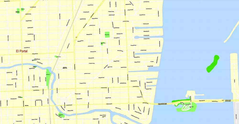 Printable Map Miami, Florida, US, exact vector street G-View Level 17 (100 meters scale) map, V.31.12. fully editable, Adobe Illustrator, full vector, scalable, editable text format of street names, 5 Mb ZIP.