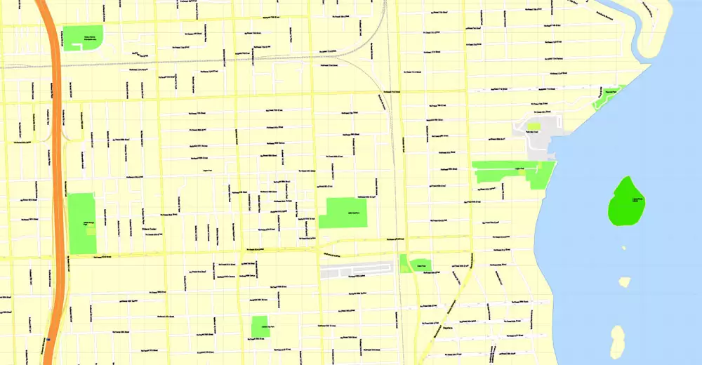 Printable Map Miami, Florida, US, exact vector street G-View Level 17 (100 meters scale) map, V.31.12. fully editable, Adobe Illustrator, full vector, scalable, editable text format of street names, 5 Mb ZIP.