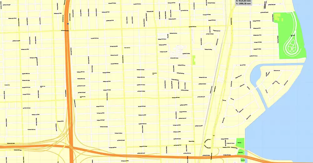 Printable Map Miami, Florida, US, exact vector street G-View Level 17 (100 meters scale) map, V.31.12. fully editable, Adobe Illustrator, full vector, scalable, editable text format of street names, 5 Mb ZIP.