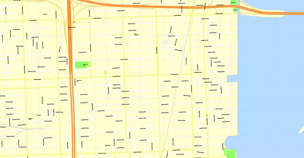 Printable Map Miami, Florida, US, exact vector street G-View Level 17 (100 meters scale) map, V.31.12. fully editable, Adobe Illustrator, full vector, scalable, editable text format of street names, 5 Mb ZIP.