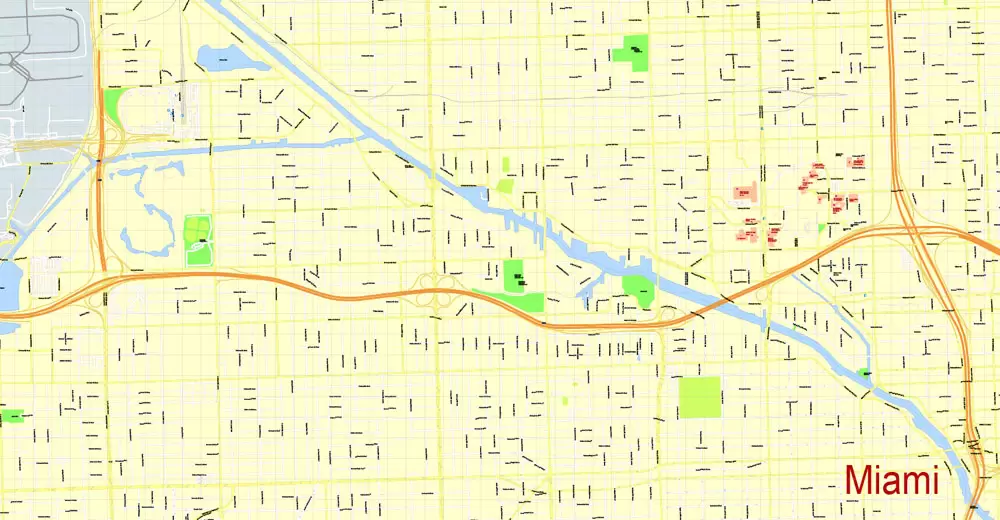 Printable Map Miami, Florida, US, exact vector street G-View Level 17 (100 meters scale) map, V.31.12. fully editable, Adobe Illustrator, full vector, scalable, editable text format of street names, 5 Mb ZIP.