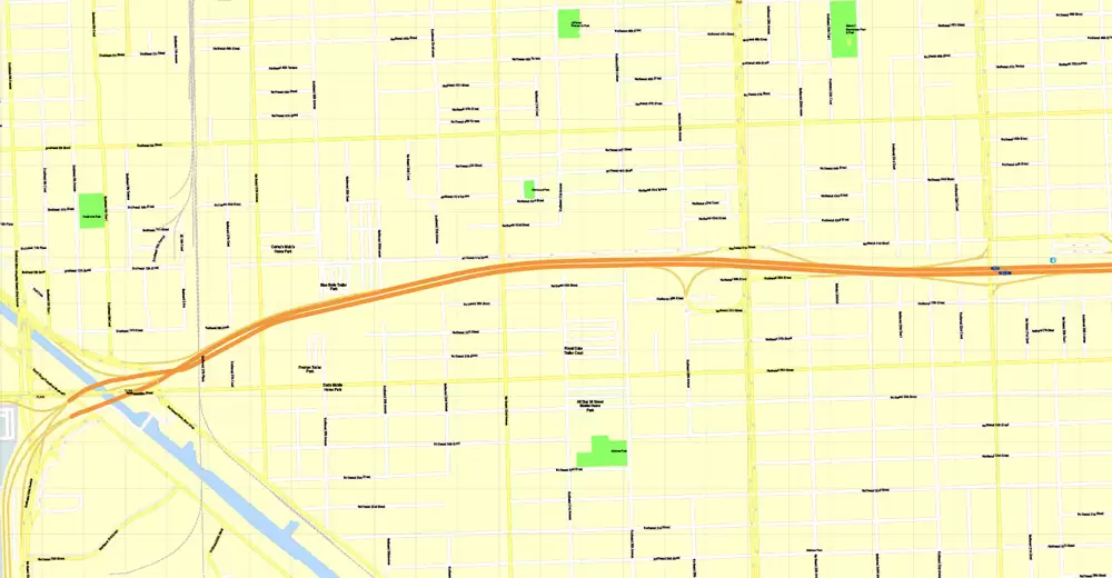 Printable Map Miami, Florida, US, exact vector street G-View Level 17 (100 meters scale) map, V.31.12. fully editable, Adobe Illustrator, full vector, scalable, editable text format of street names, 5 Mb ZIP.
