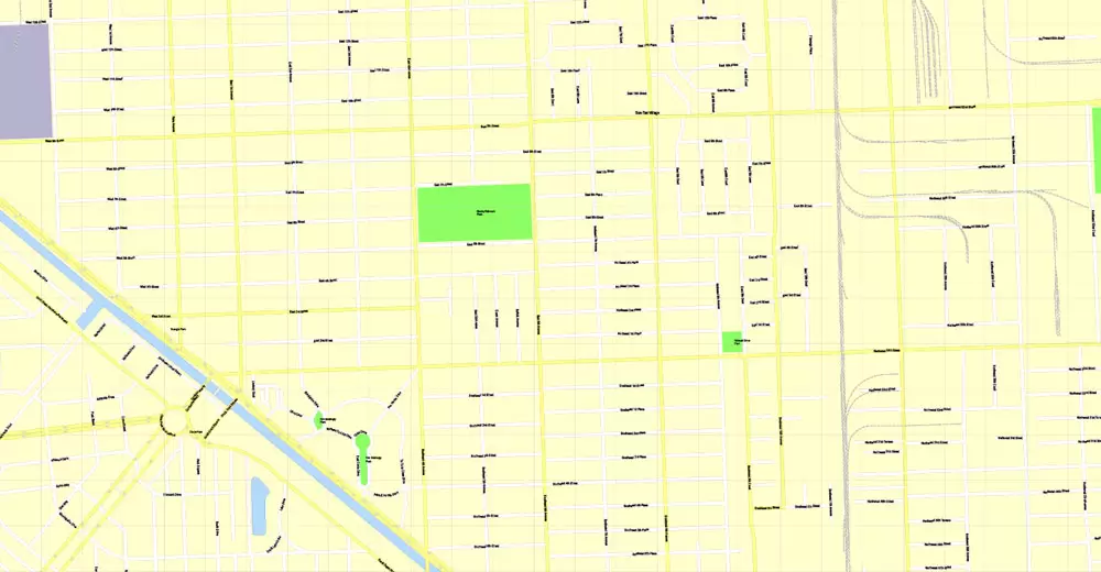 Printable Map Miami, Florida, US, exact vector street G-View Level 17 (100 meters scale) map, V.31.12. fully editable, Adobe Illustrator, full vector, scalable, editable text format of street names, 5 Mb ZIP.